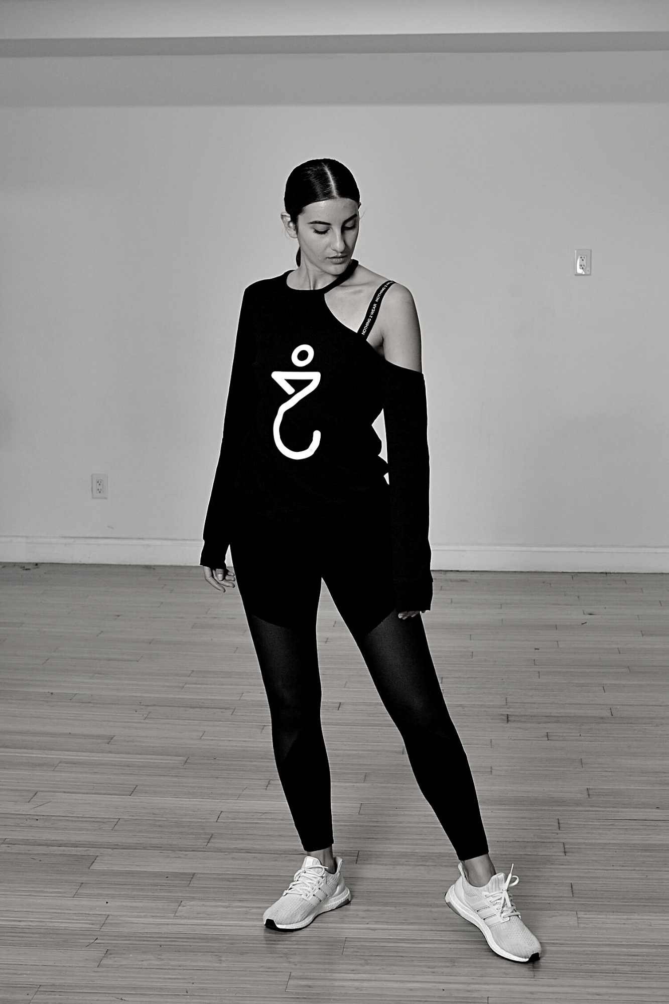 Irregular Black Sweatshirt with Printed Ribbon